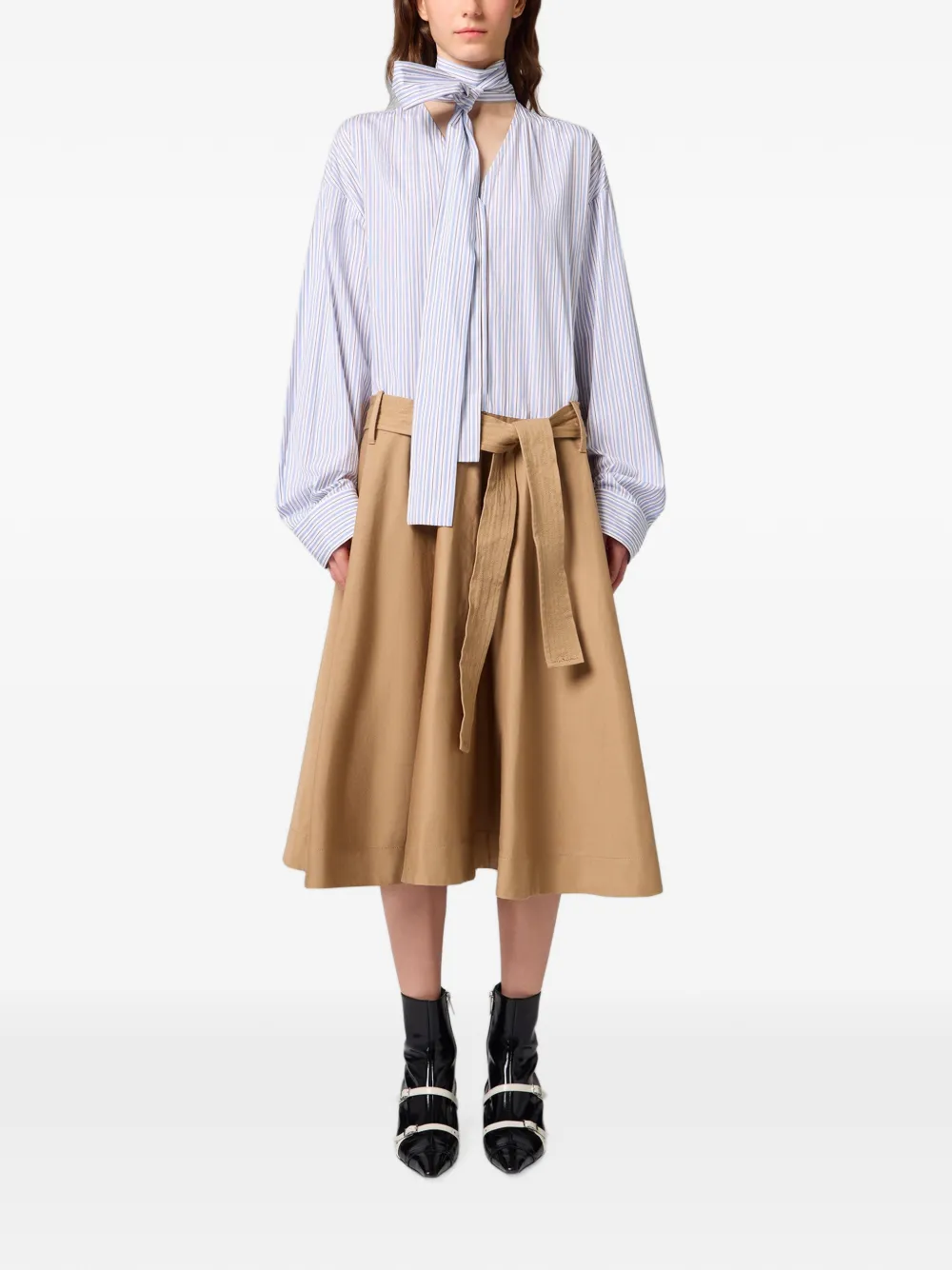 MSGM Gestreepte midi-jurk met gestrikte hals Beige