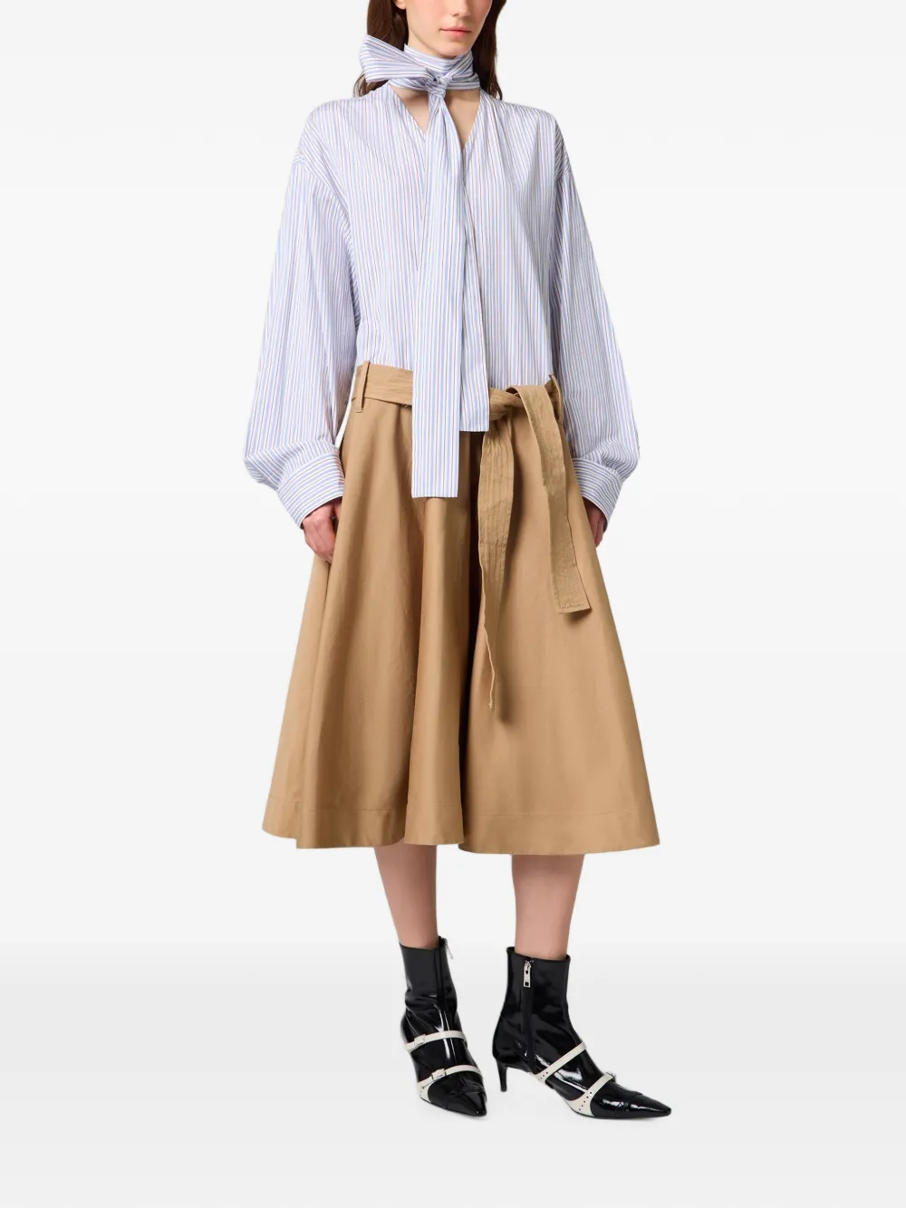MSGM Gestreepte midi-jurk met gestrikte hals Beige