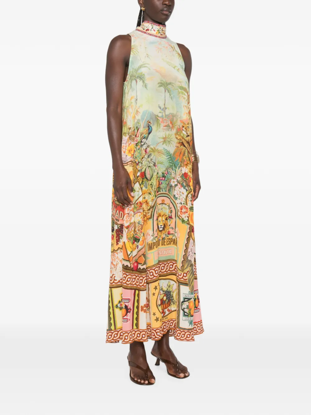 Camilla Midi-jurk met gestrikte achterkant en grafische print Geel