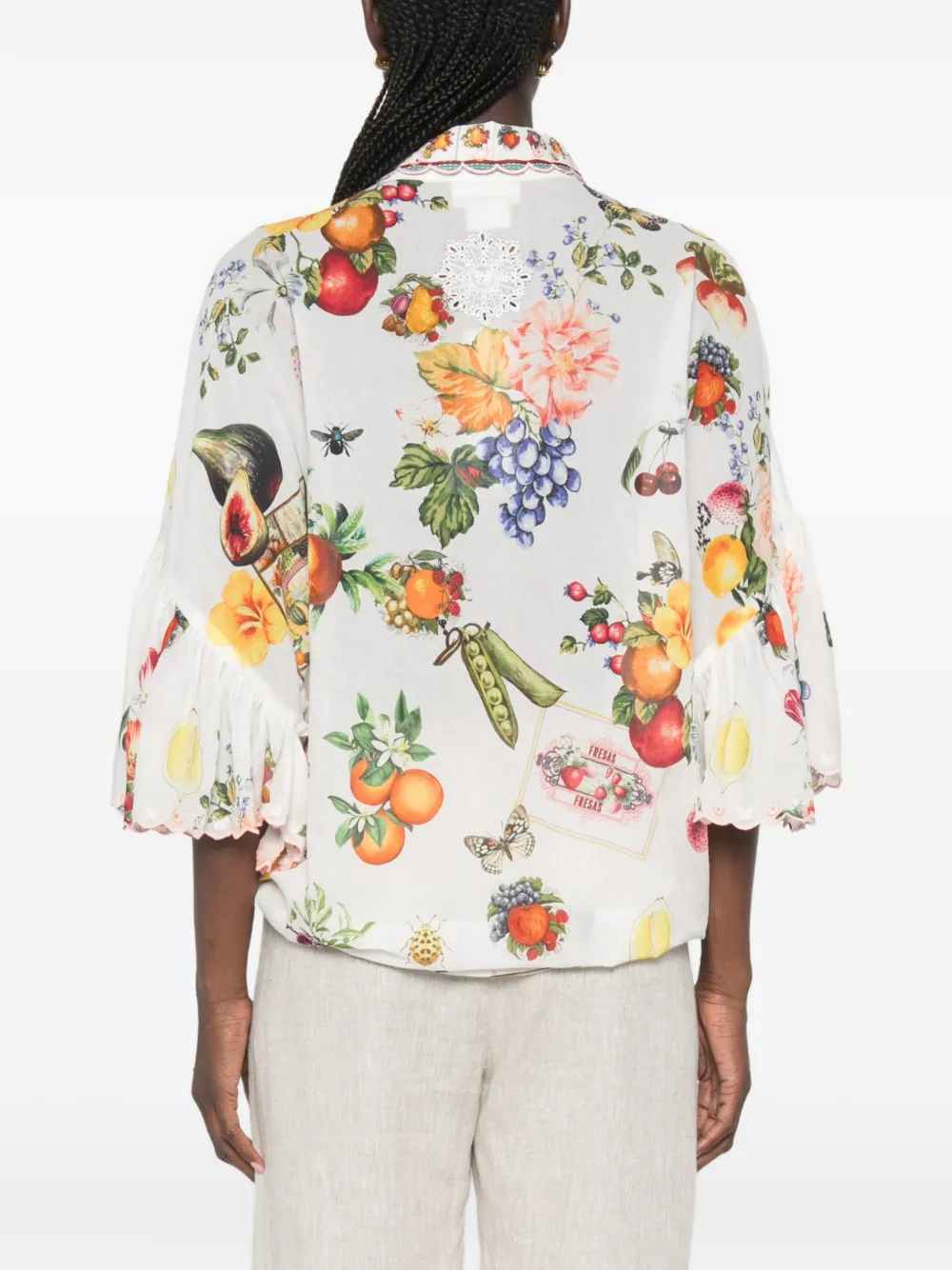 Camilla Fruit-print Ruffled Shirt in White, view 4