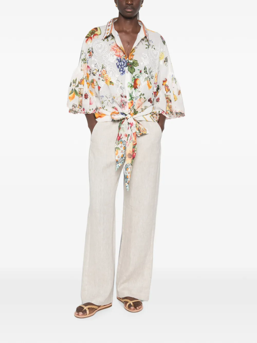 Camilla Fruit-print Ruffled Shirt in White, view 2