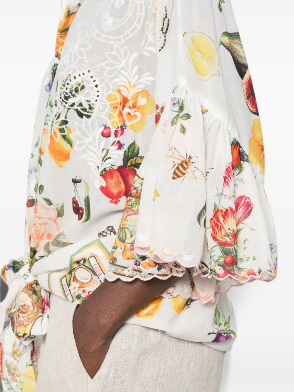 Camilla Fruit-print Ruffled Shirt in White, view 5