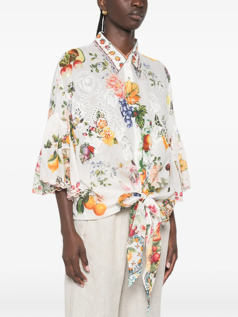 Camilla Fruit-print Ruffled Shirt in White, view 3
