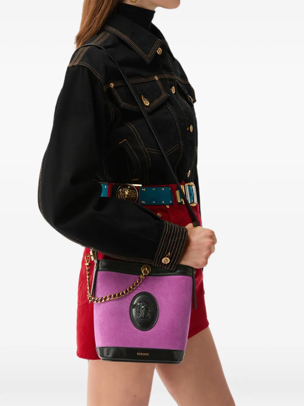 Versace Pivot suède mini bucket-tas Paars