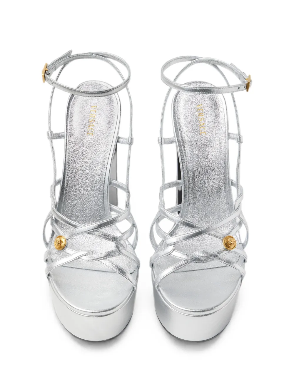 Versace Valentina metallic sandalen met plateauzool 140 mm Zilver