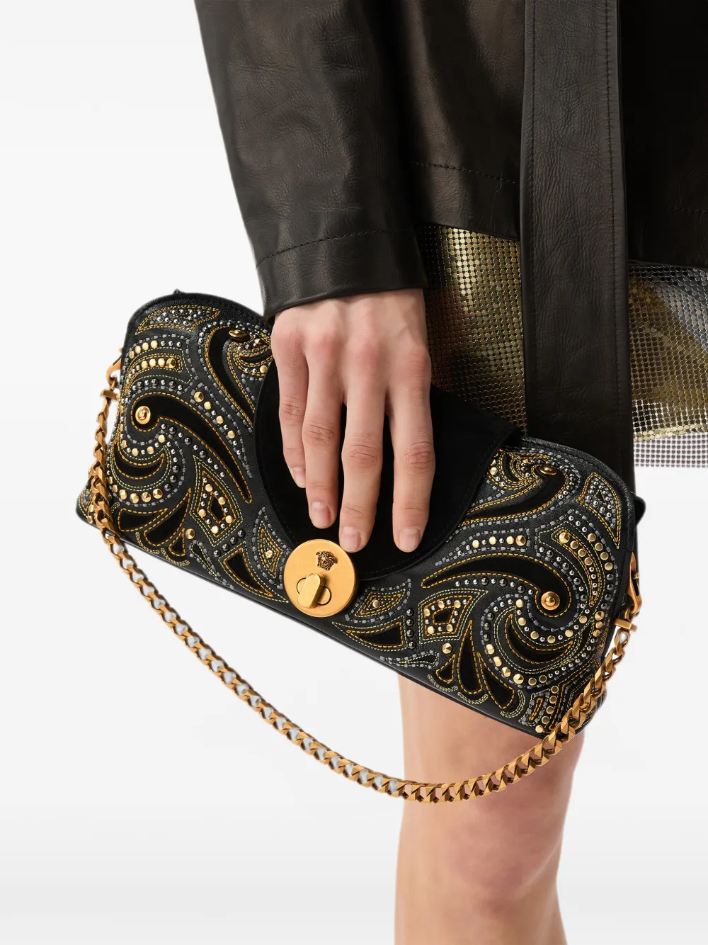 Versace Vivian geborduurde suède clutch Zwart