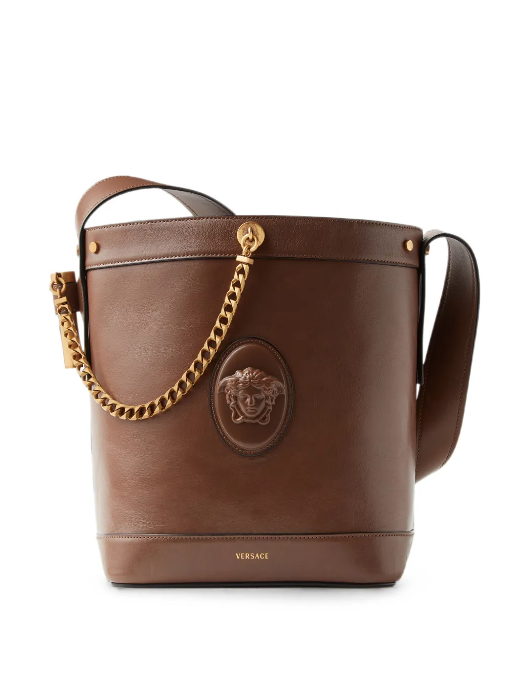 Versace Pivot small leather bucket bag - Marrone