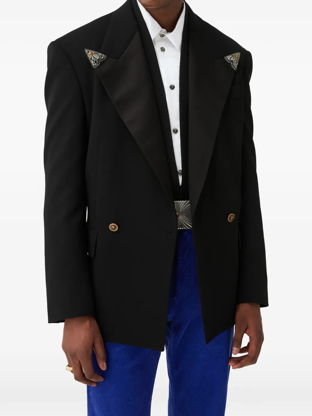 Versace Wollen stretch blazer met geborduurde revers Zwart