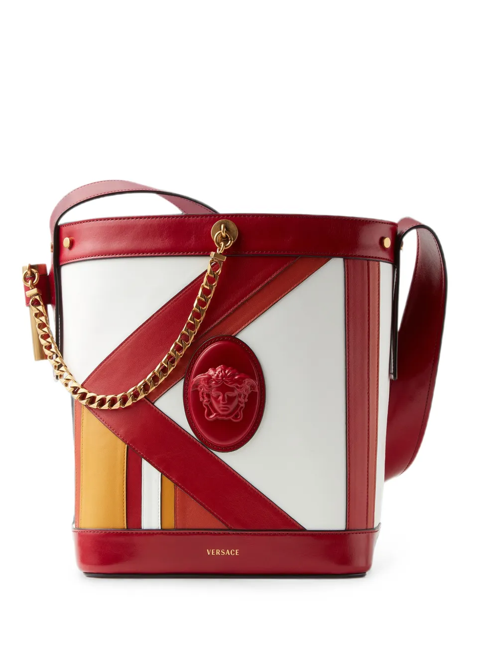 Versace Borsa a secchiello Pivot piccola in pelle con design patchwork - Rosso