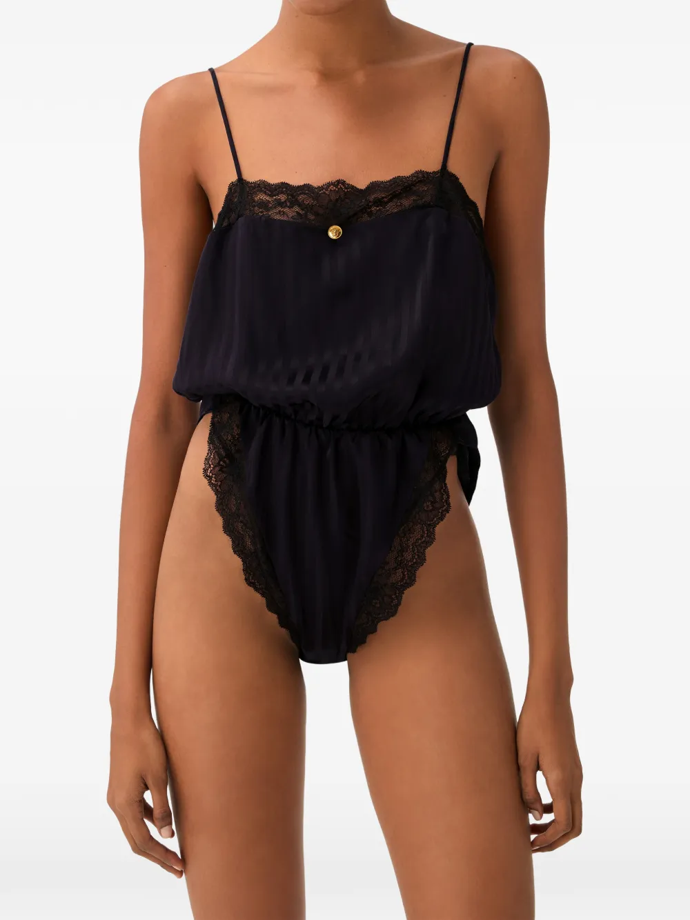 Versace Zijden body met kanten afwerking en jacquard Zwart