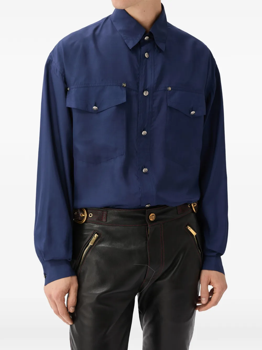 Versace Zijden popeline overhemd met geborduurd detail Blauw