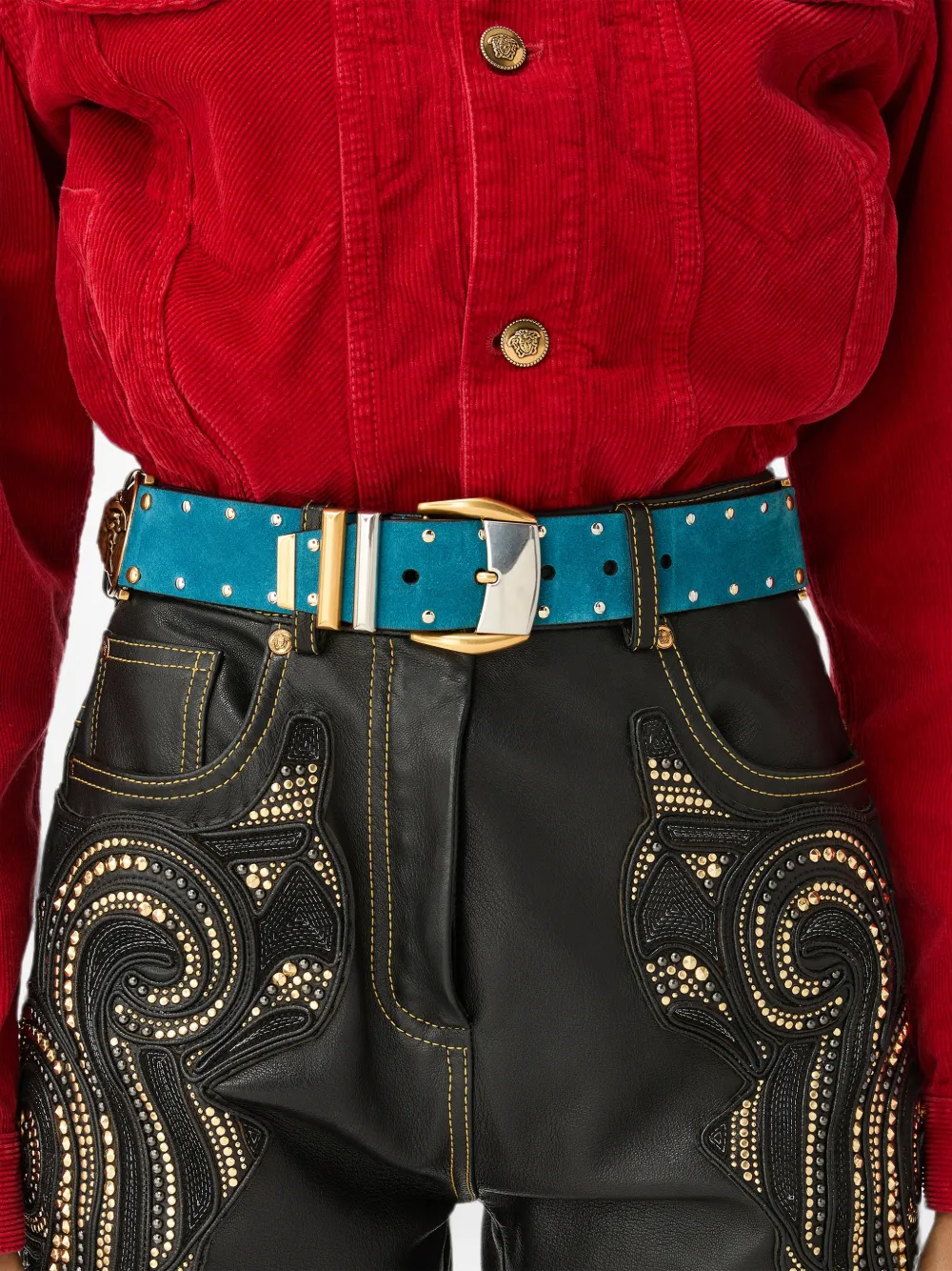 Versace Suède riem met studs 4 cm Blauw