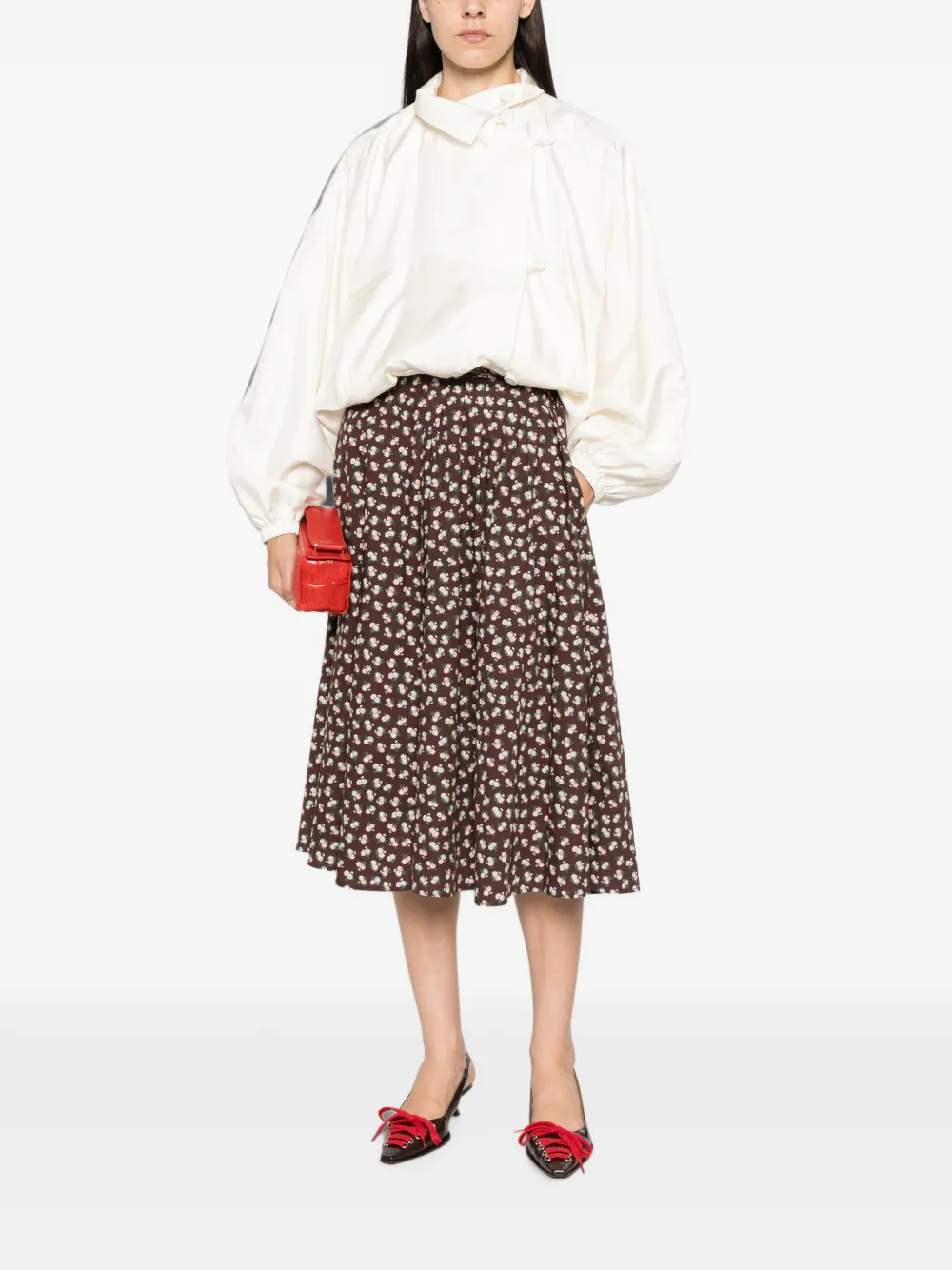 Msgm Floral-print Pleated Midi Skirt In Brown