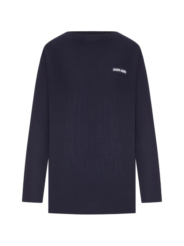 Miu Miu Logo-patch Ribbed-knit Sweater in Blue