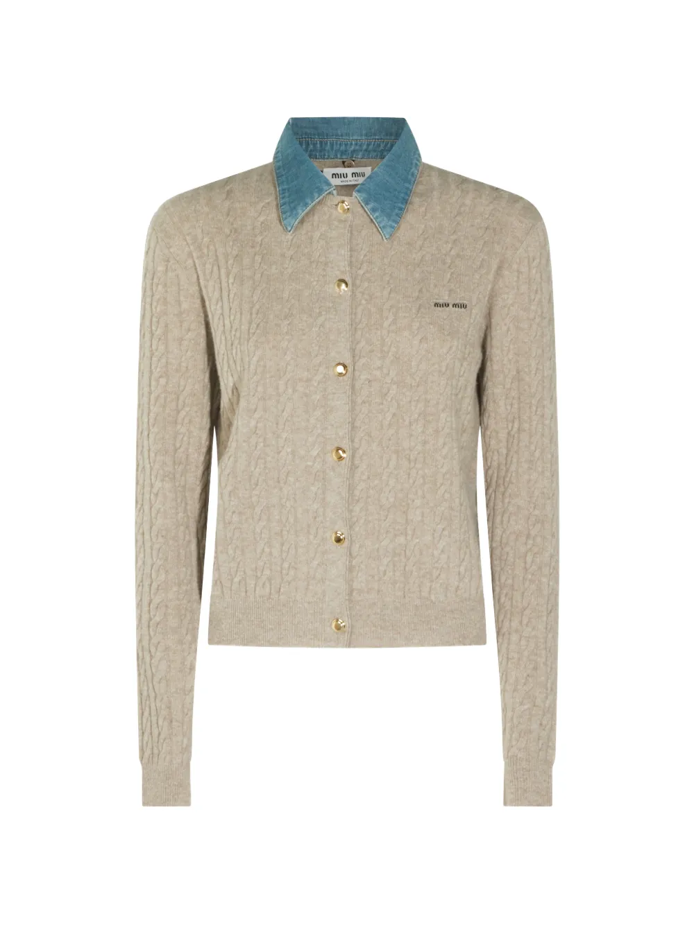 Miu Miu denim-collar cable-knit cardigan - Nude