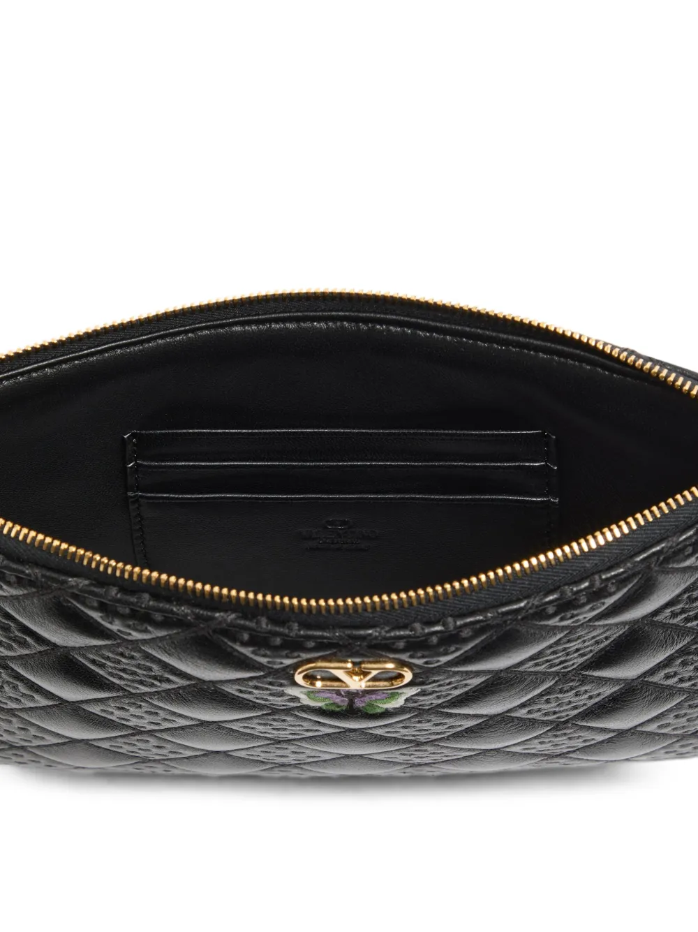 Valentino Garavani Flutterby clutch van glanzend nappa leer met geborduurde vlinder Zwart