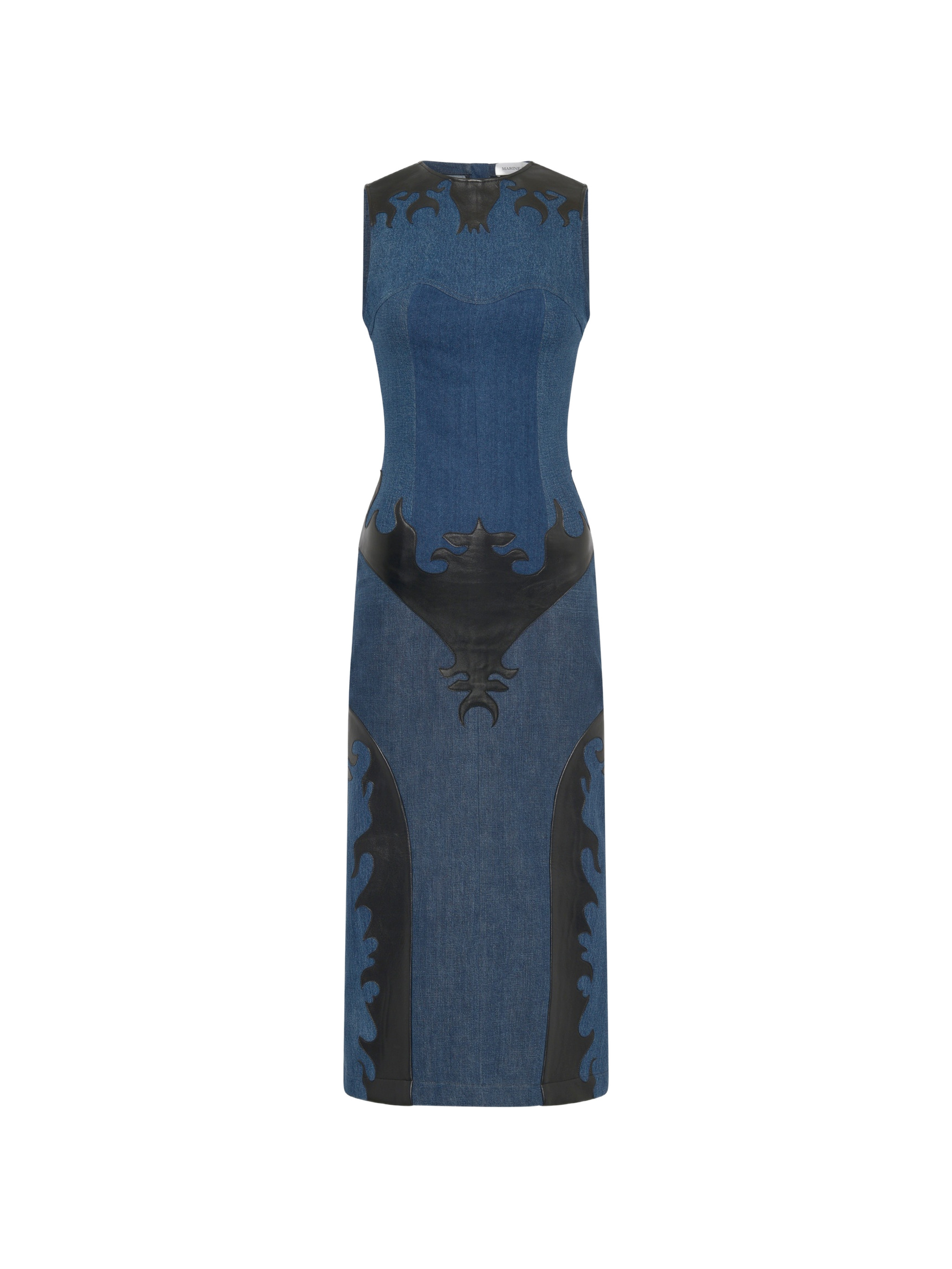 upcycled denim long dress with leather patches - Image 1
