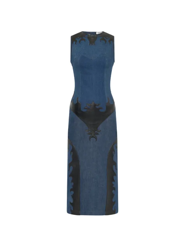 Marine Serre leather-patch Denim Midi Dress | Blue