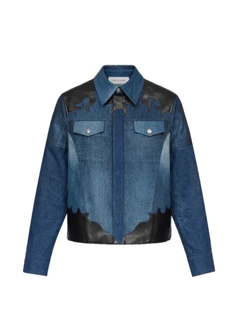 Marine Serre upcycled denim trucker jacket with leather patches