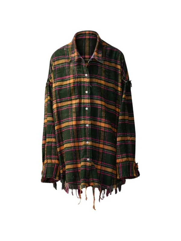 R13 Distressed Check-pattern Shirt in Green