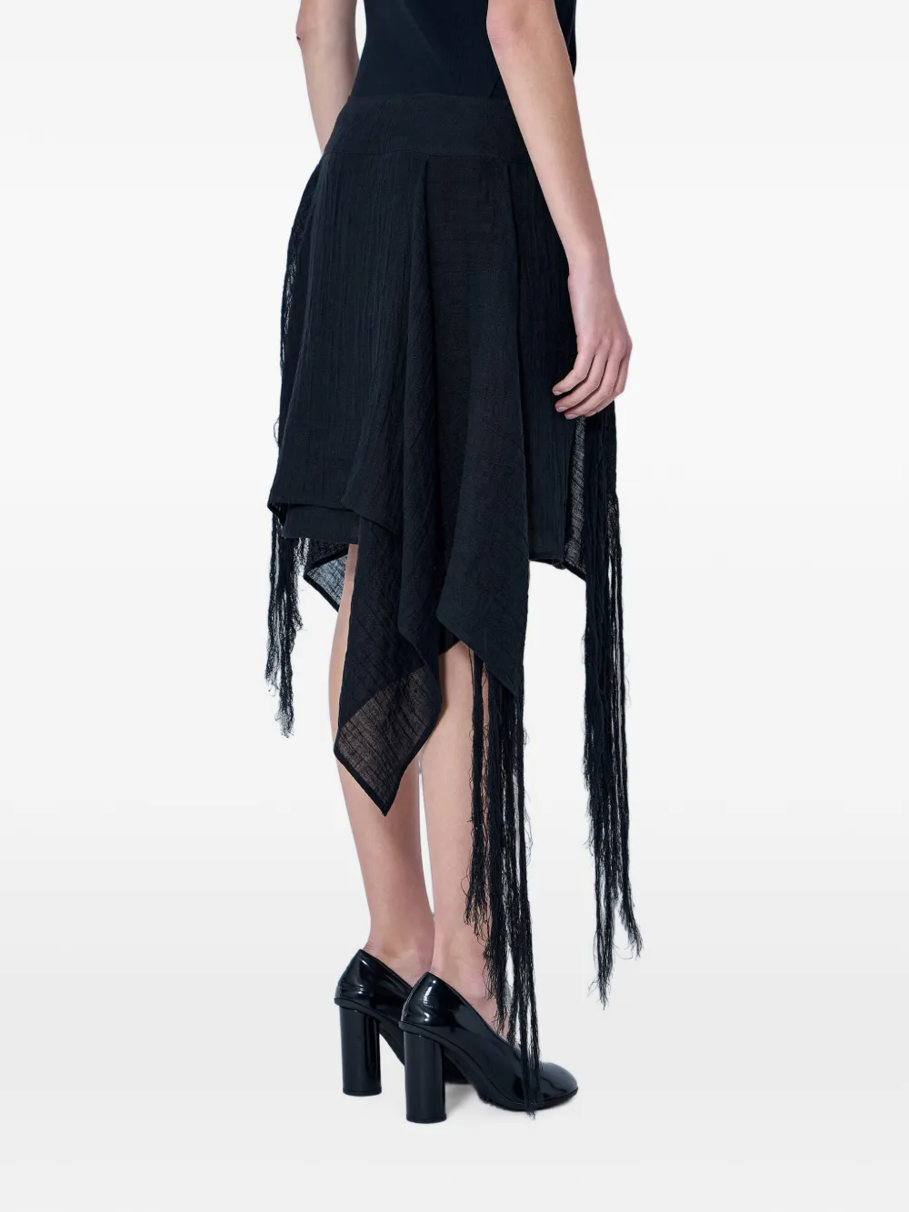 Yohji Yamamoto Asymmetrische gelaagde midi-rok met franje Zwart