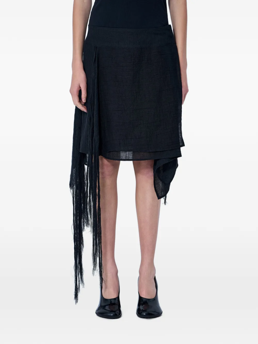 Yohji Yamamoto asymmetric layered-fringe midi skirt - Nero