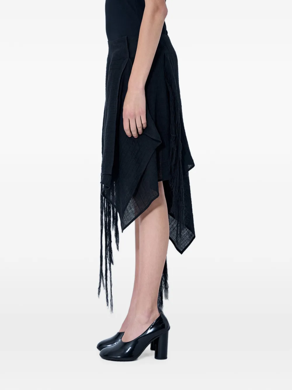 Yohji Yamamoto Asymmetrische gelaagde midi-rok met franje Zwart