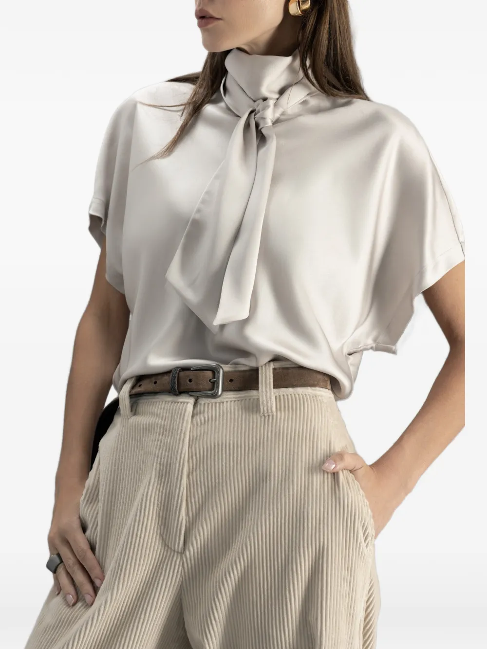 Brunello Cucinelli tie-neck short-sleeve blouse - Nude