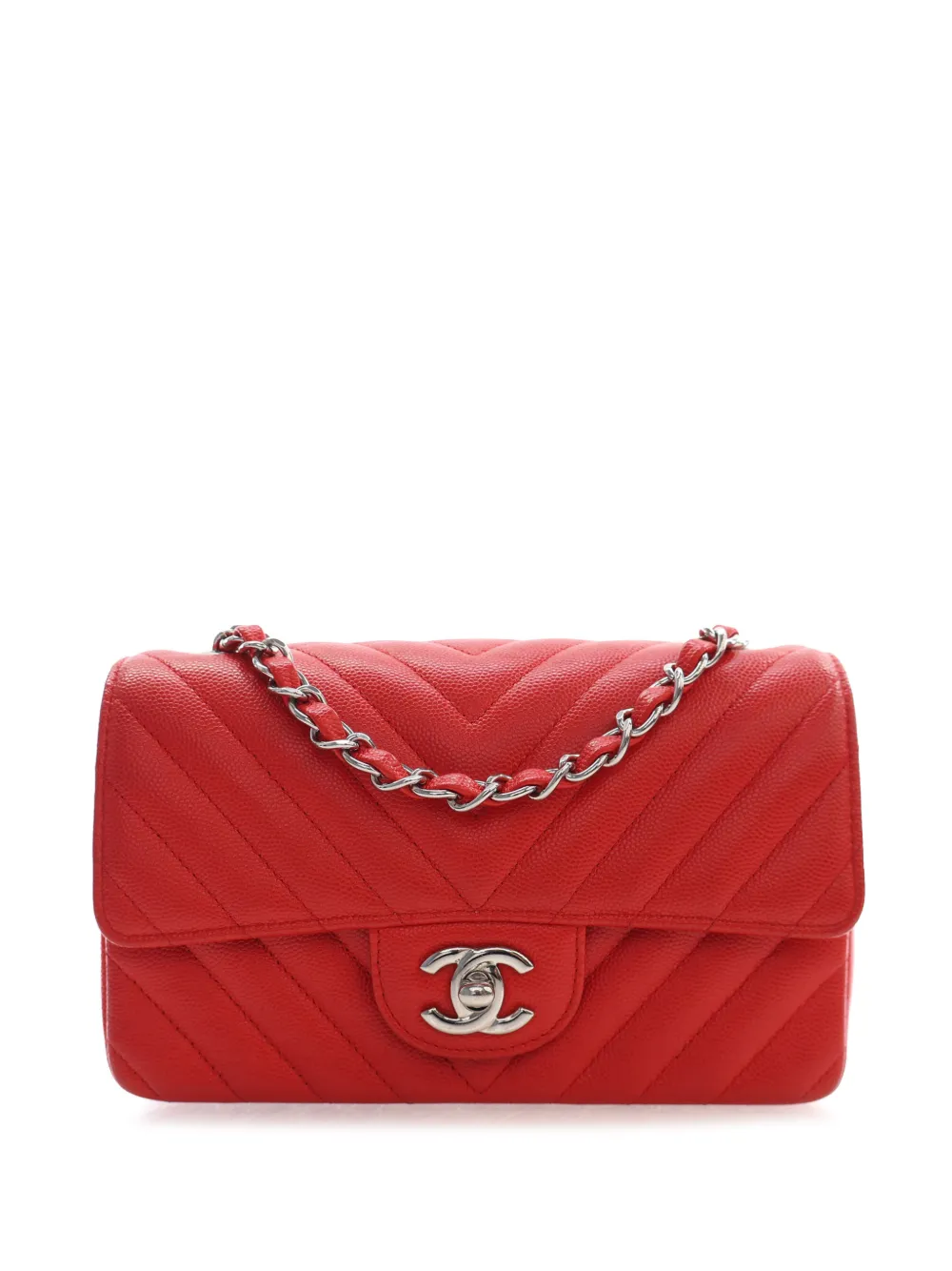 CHANEL Pre-Owned Borsa a tracolla rettangolare Classic mini in pelle Caviar con motivo chevron e battente 2017-2018 - Rosso