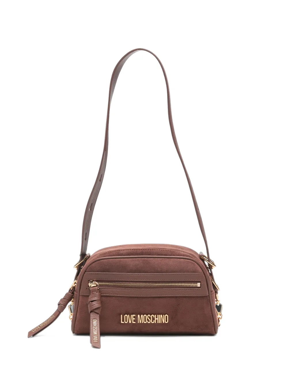 Love Moschino logo-plaque faux-suede shoulder bag - Marrone