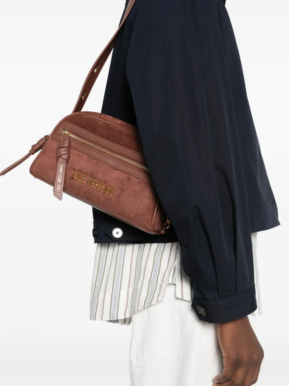 Love Moschino logo-plaque faux-suede shoulder bag Bruin
