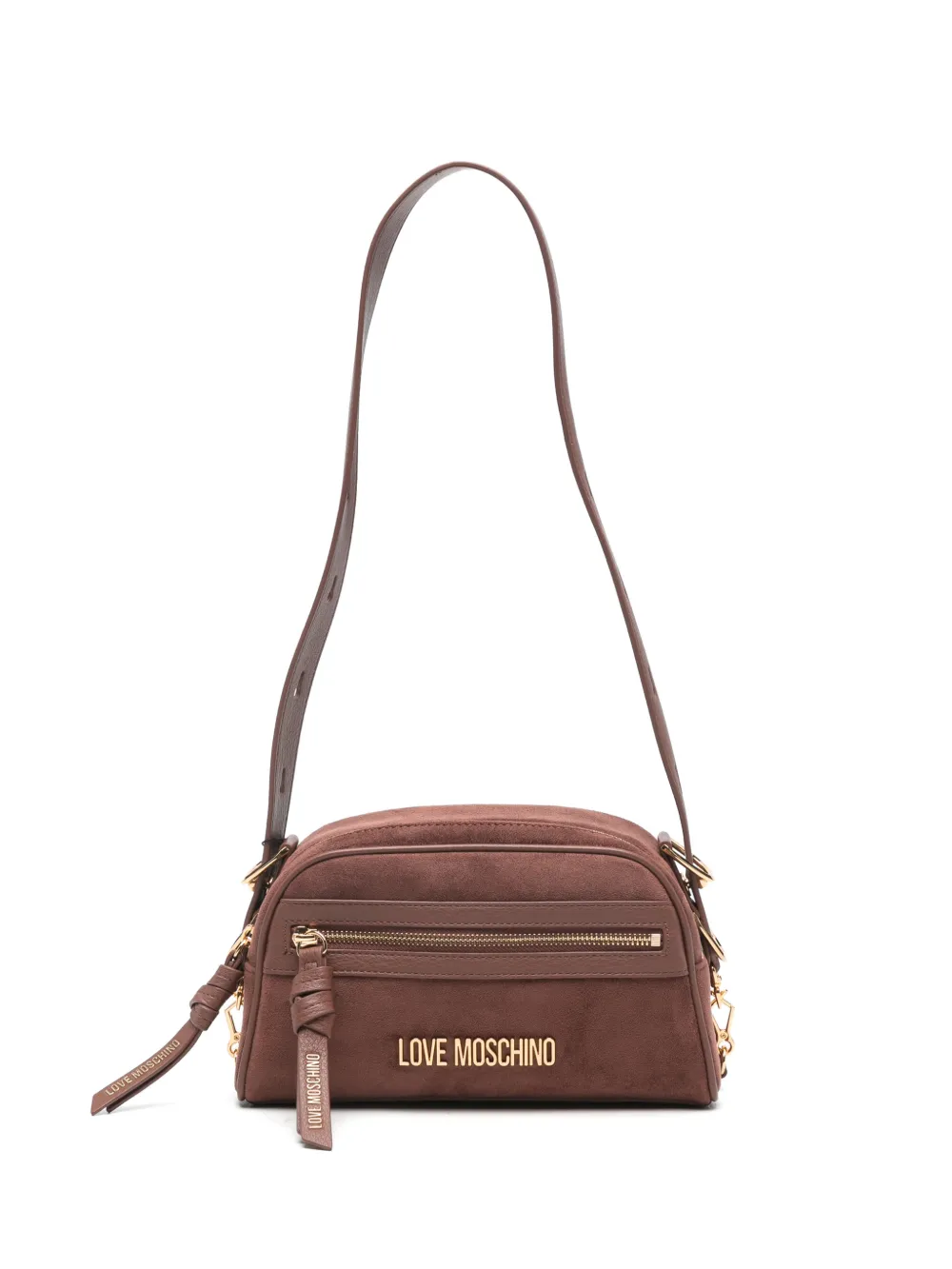 Love Moschino logo-plaque faux-suede shoulder bag - Marrone