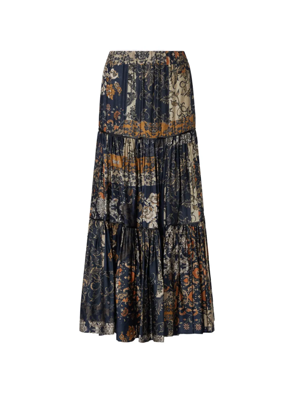 LIU JO floral-patchwork tiered midi skirt - Nero