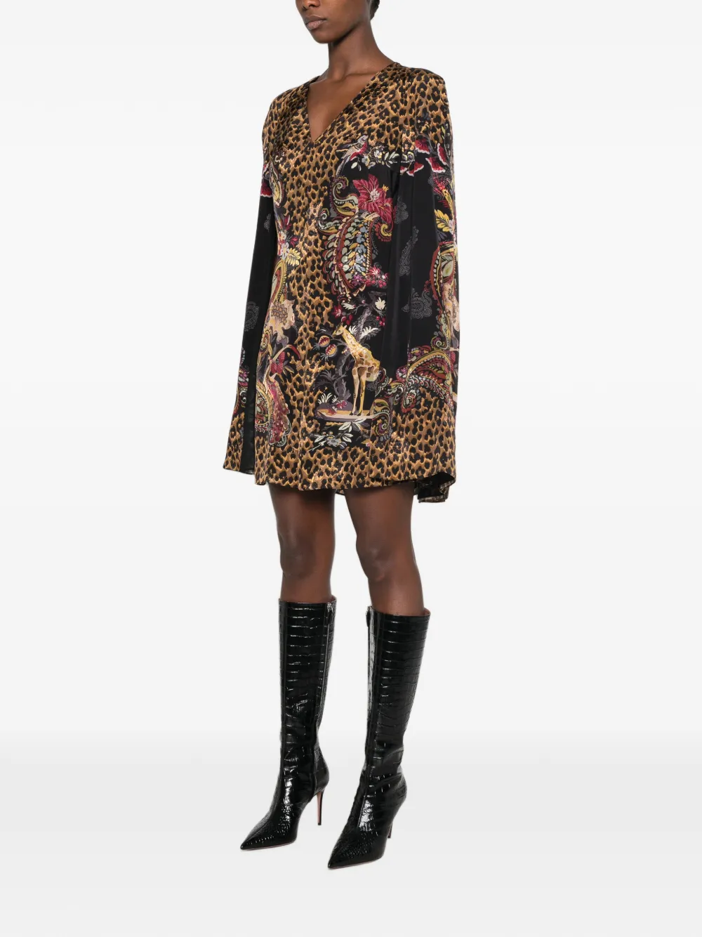 ETRO Jurk met luipaardprint en capemouwen Zwart