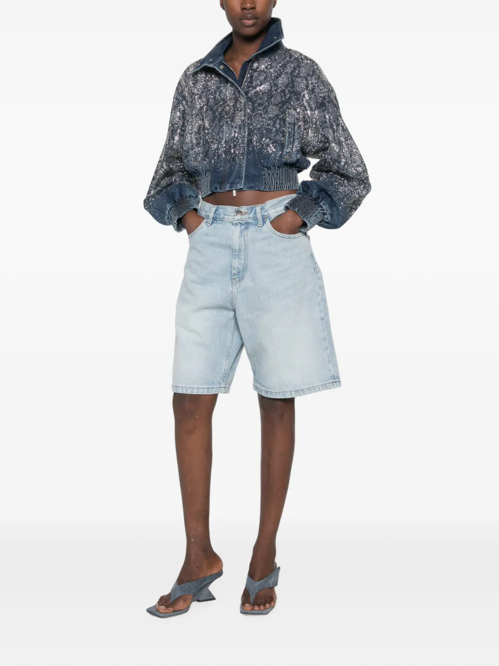 LIU JO Cropped denim bomberjack met stras Blauw