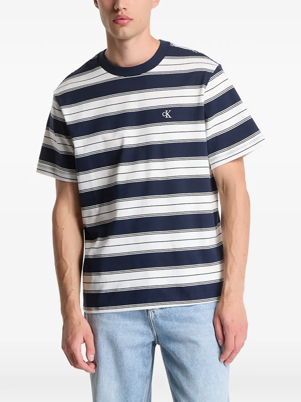 Calvin Klein striped logo-embroidered T-shirt - Blu