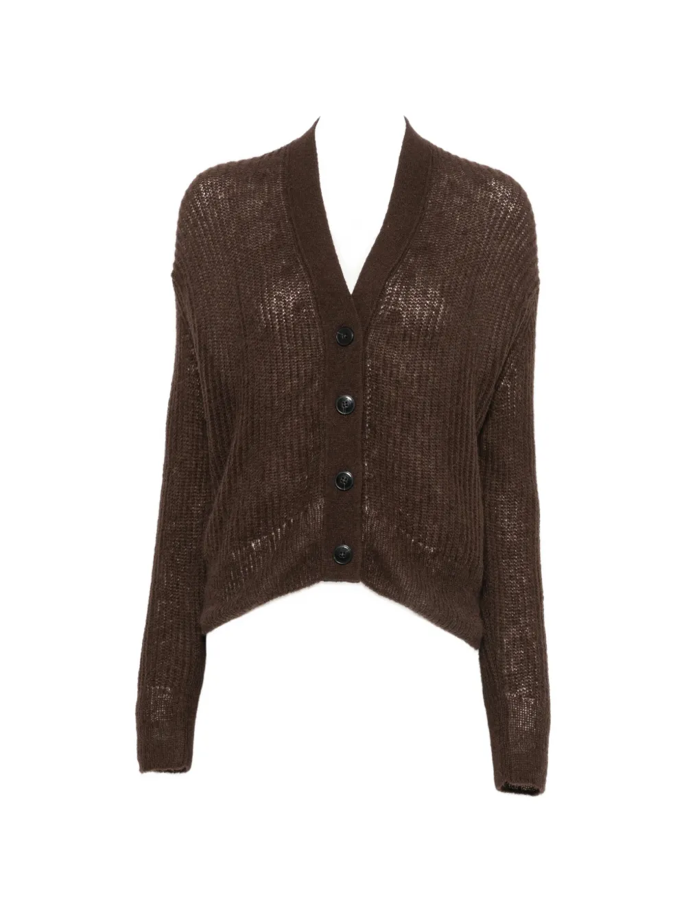 Closed ribbed-knit V-neck cardigan - Marrone