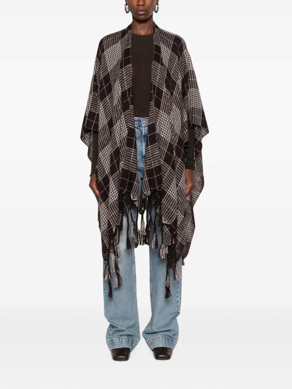 Brunello Cucinelli Geruite poncho's met kwastje afwerking Bruin