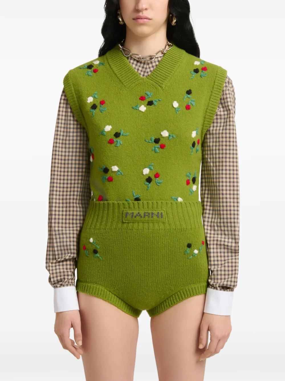 Marni Wol-kasjmier vest met geborduurde bloemen Groen