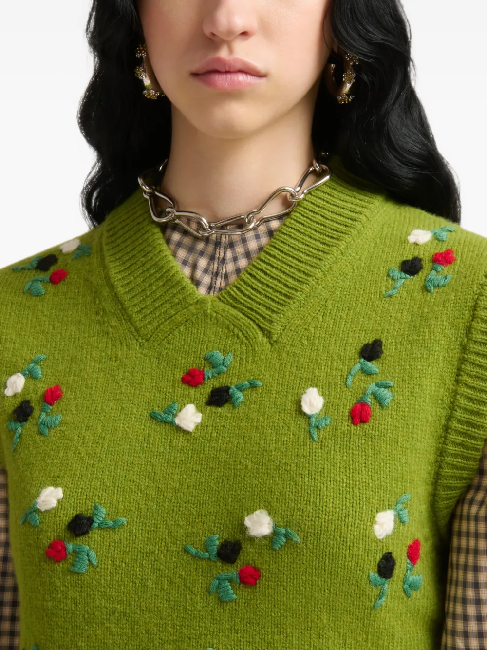Marni Wol-kasjmier vest met geborduurde bloemen Groen