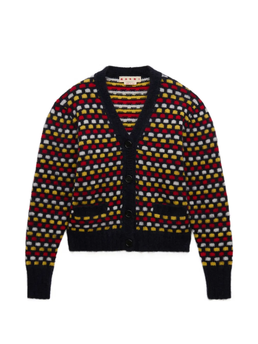 Marni red and blue jacquard Shetland wool cardigan