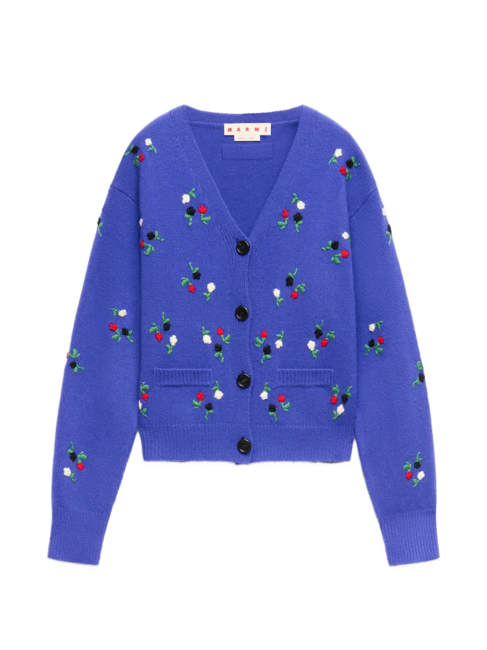 Marni flower-embroidered balloon-sleeve cardigan - Blau