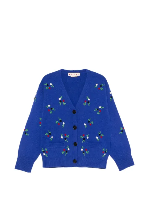 Marni blue wool-cashmere cardigan with flower embroidery