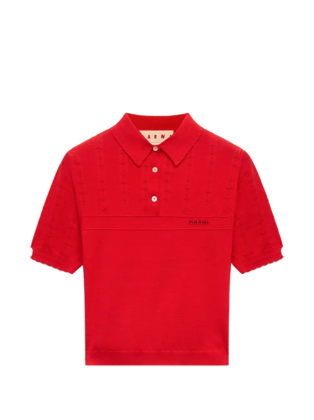 Marni pointelle-knit scalloped-trim polo top - Rosso