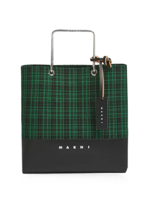 Marni green checked twill shopper with metal handles