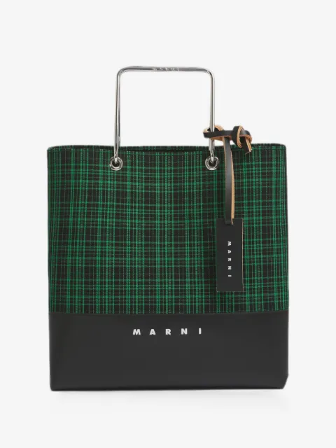 Marni green checked twill shopper with metal handles
