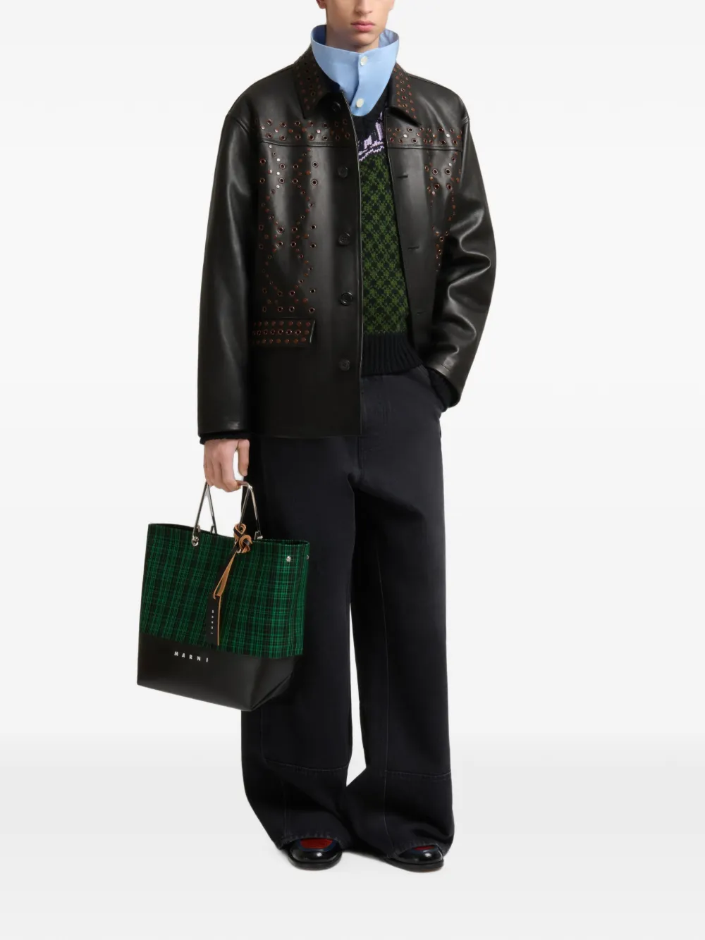 Marni Groene geruite twill shopper met metalen handvatten Zwart