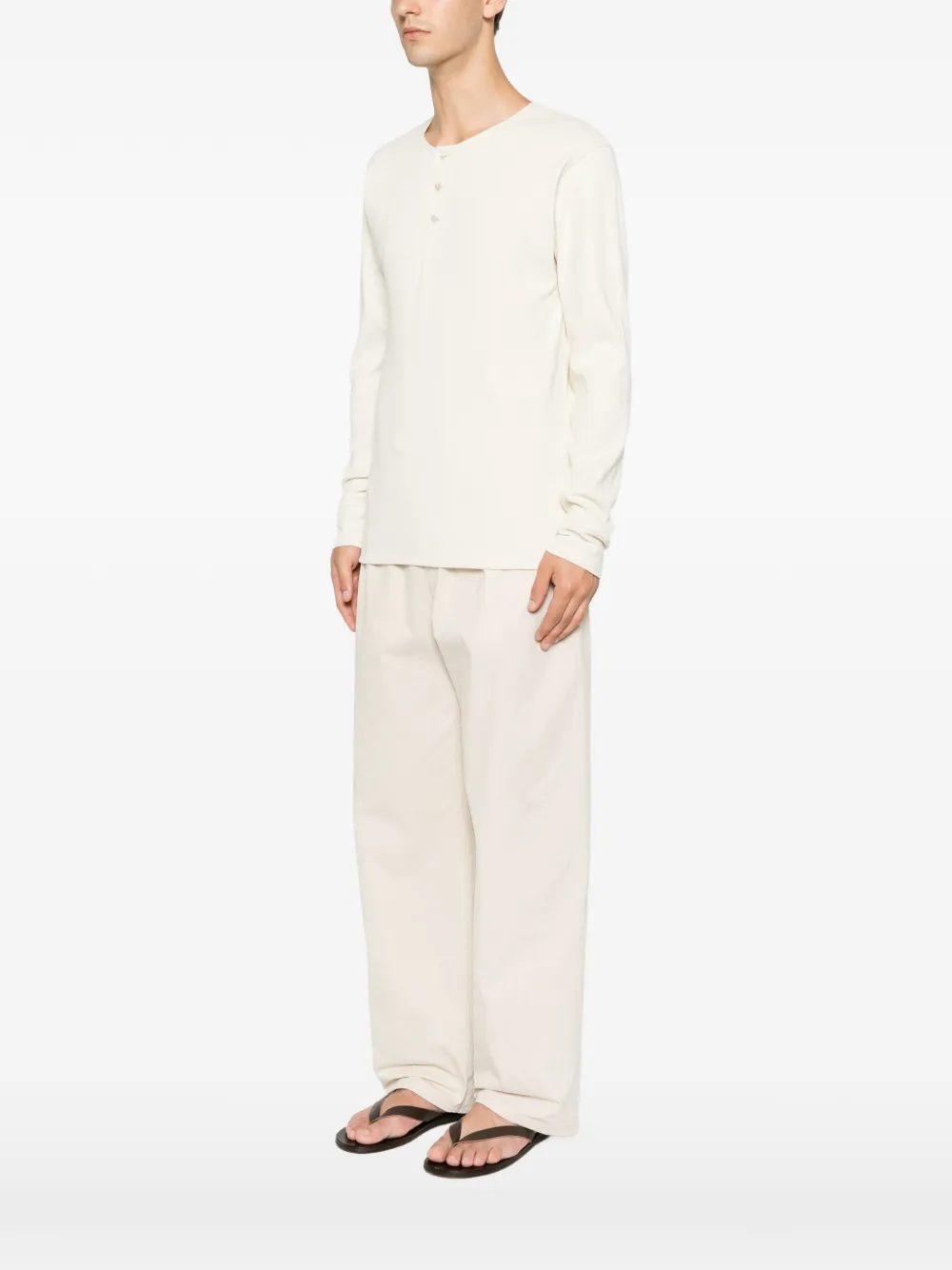 LEMAIRE Henley T-shirt van linnen en katoen-geribbelde jersey met lange mouwen Beige