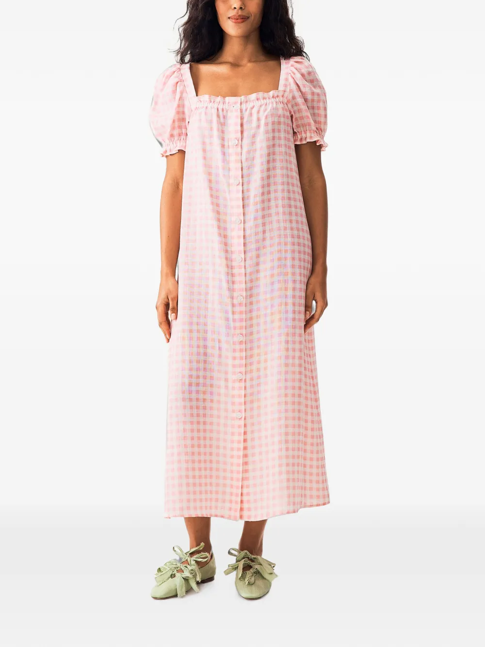 Sleeper Brigitte linnen maxi-dress met gingham-ruit Roze