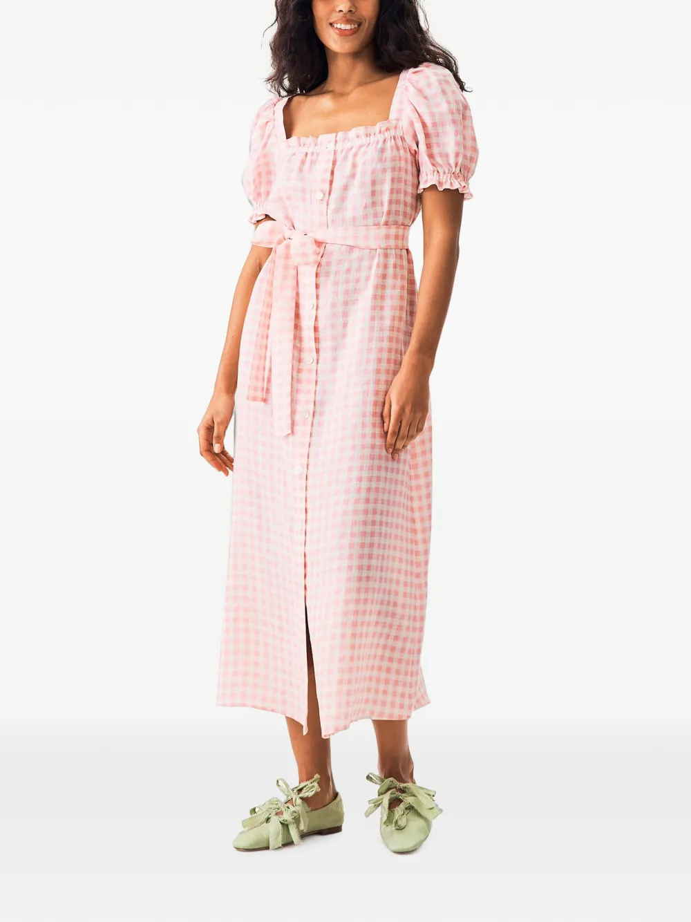 Sleeper Brigitte linnen maxi-dress met gingham-ruit Roze